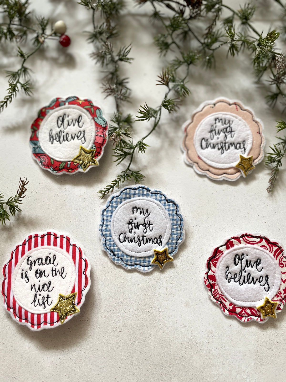New fabrics for 2026 Personalised Nice List Christmas freehand embroidered handmade rosette badge