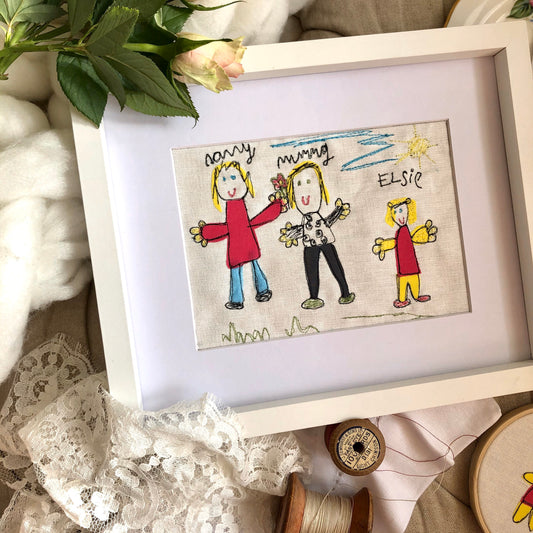 Embroidered child’s drawing keepsake picture