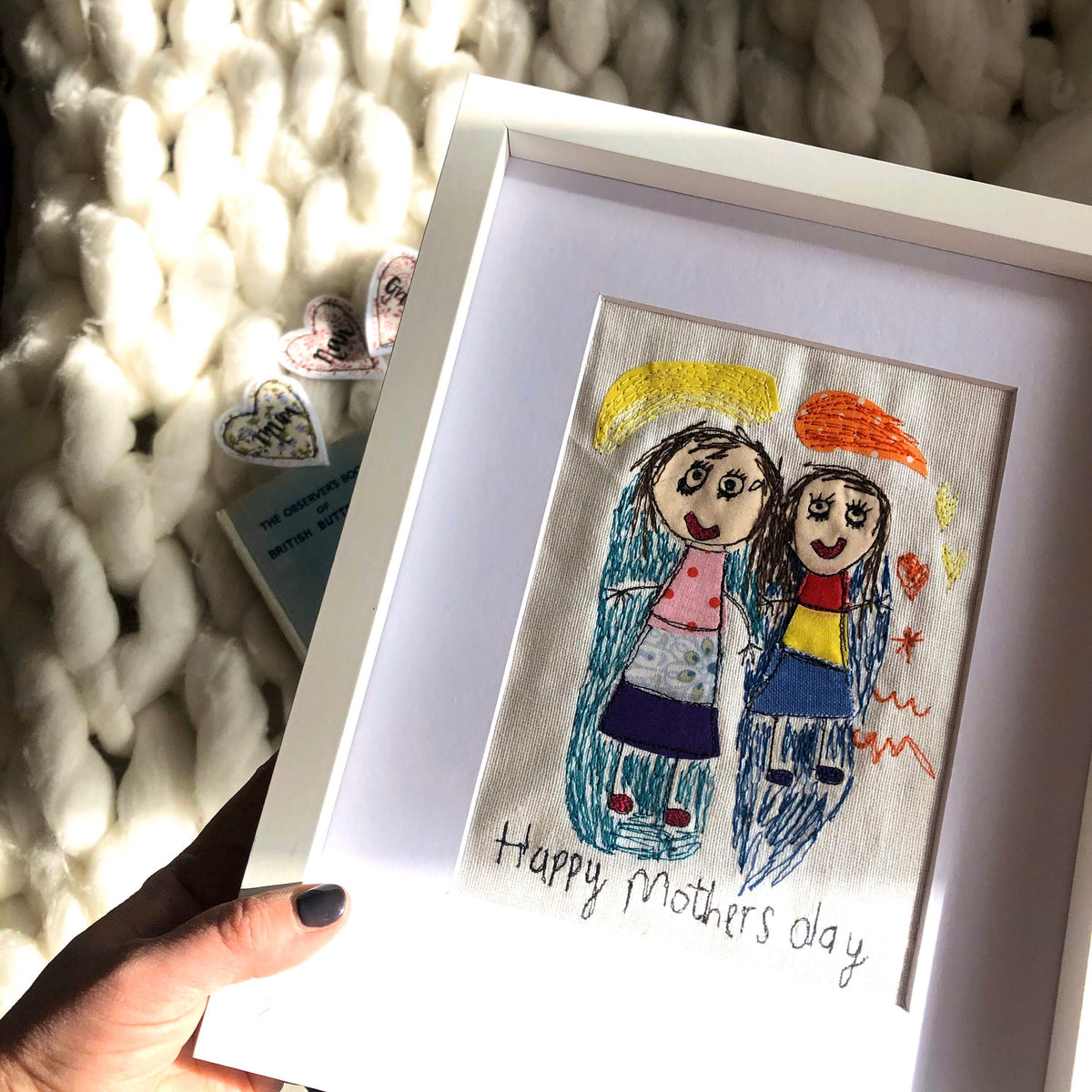 Embroidered child’s drawing keepsake picture