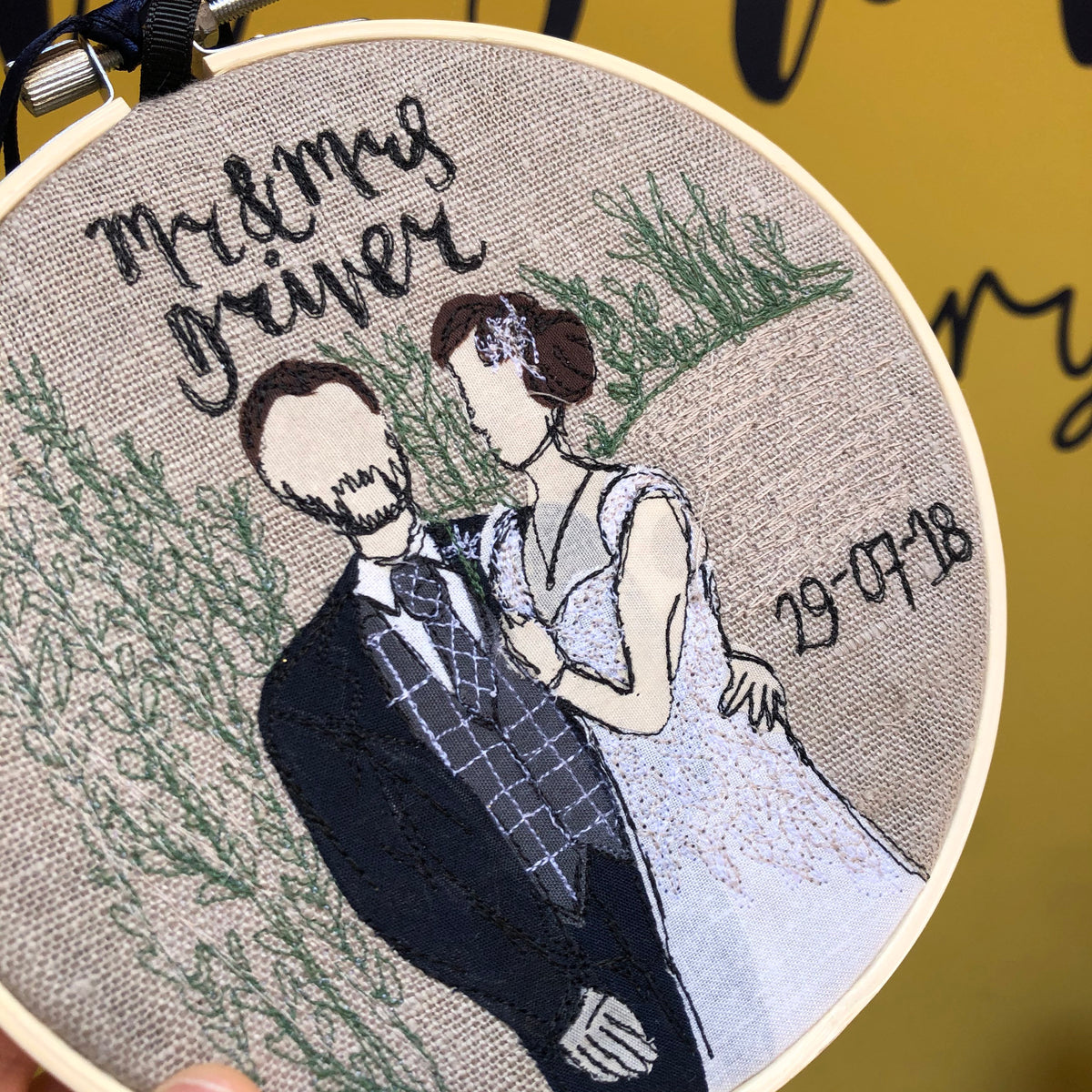 Stitched picture freehand embroidered fabric photo hooped