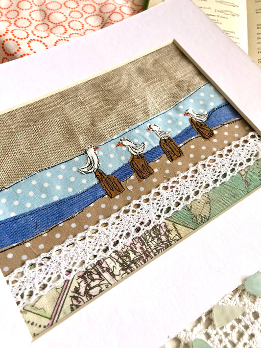 Mama seagull freehand embroidered textile artwork