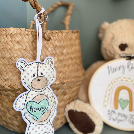 Personalised hanging teddy new baby gift