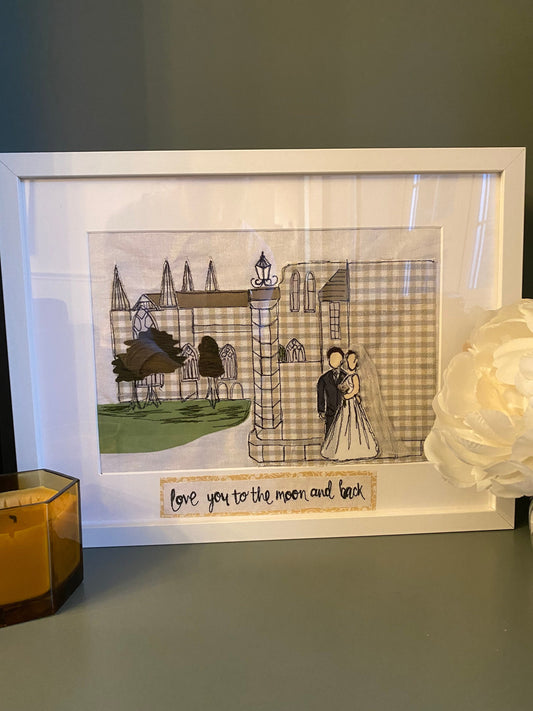 Freehand embroidered wedding venue fabric sketch