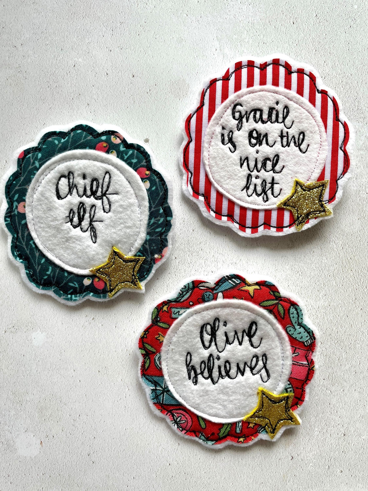 Personalised Nice List Christmas freehand embroidered handmade rosette badge