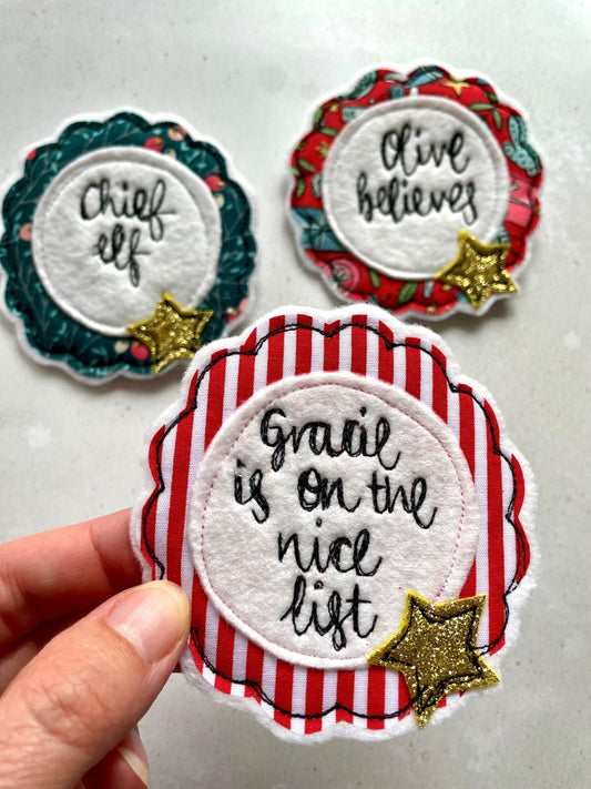 Personalised Nice List Christmas freehand embroidered handmade rosette badge