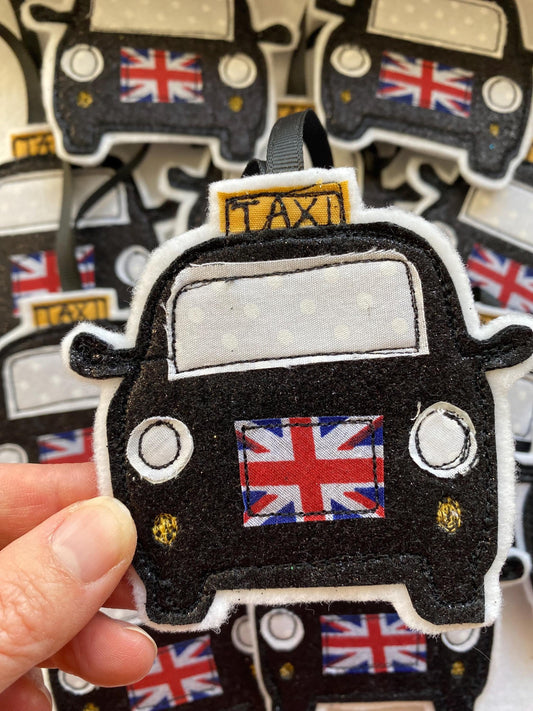 Freehand embroidered London Black Taxi Cab hanging decoration