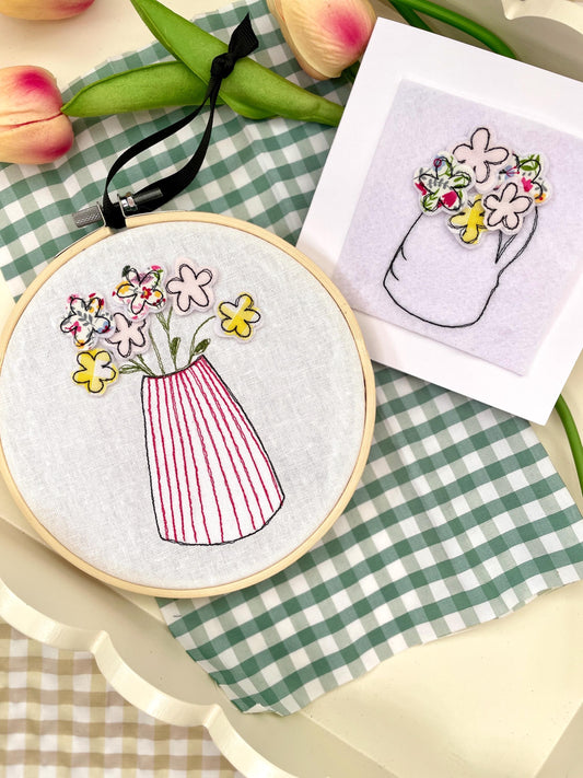 Pink flower vase freehand embroidered decorative hoop
