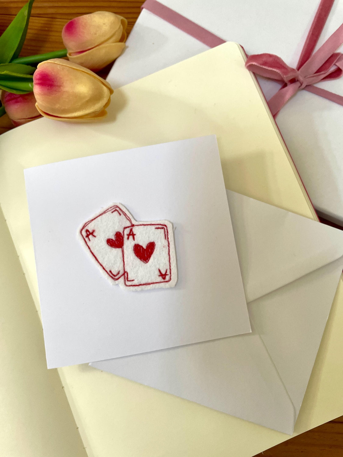 Embroidered pair of playing cards valentines card