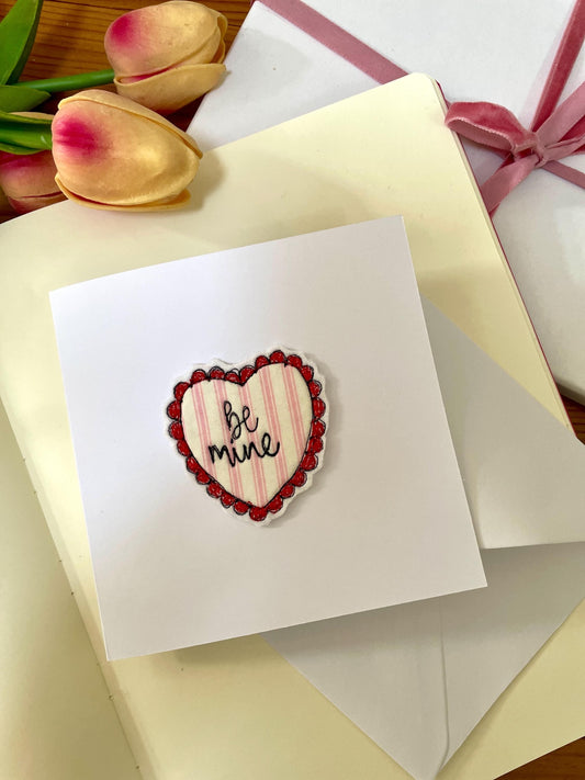 Embroidered fabric stripe love heart valentines card