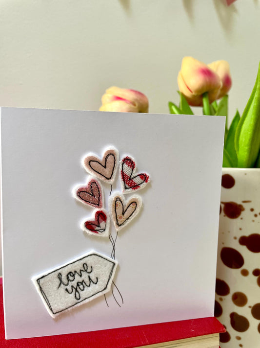 Embroidered bunch of heart balloons handmade card