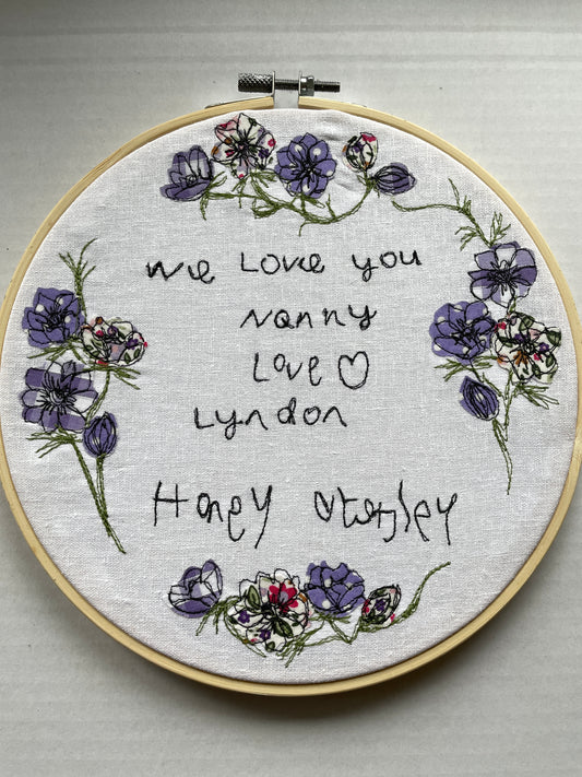 Personalised Handwriting Embroidery Hoop | Hand-Stitched Keepsake Gift for Nanny, Grandad or Mum