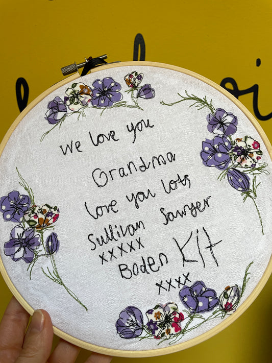 Personalised Handwriting Embroidery Hoop | Hand-Stitched Keepsake Gift for Nanny, Grandad or Mum