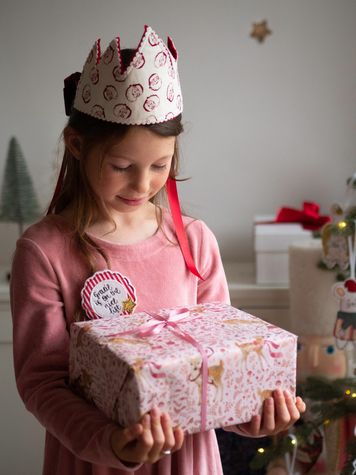 New fabrics for 2026 Personalised Nice List Christmas freehand embroidered handmade rosette badge
