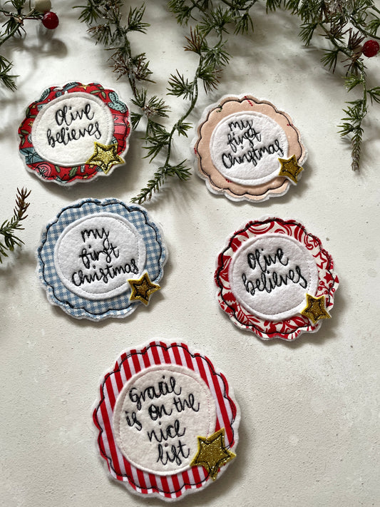 New fabrics for 2026 Personalised Nice List Christmas freehand embroidered handmade rosette badge