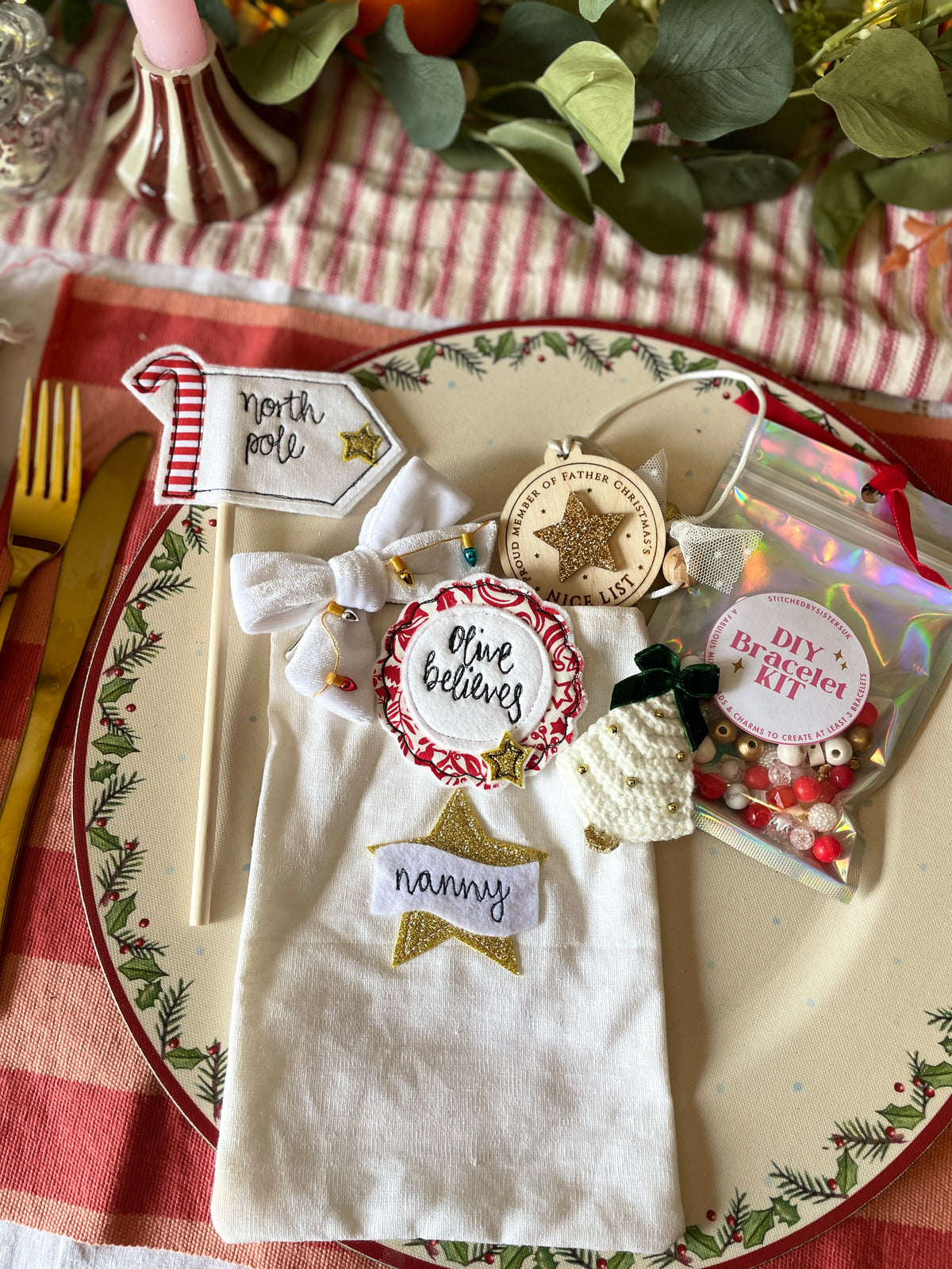 New fabrics for 2026 Personalised Nice List Christmas freehand embroidered handmade rosette badge