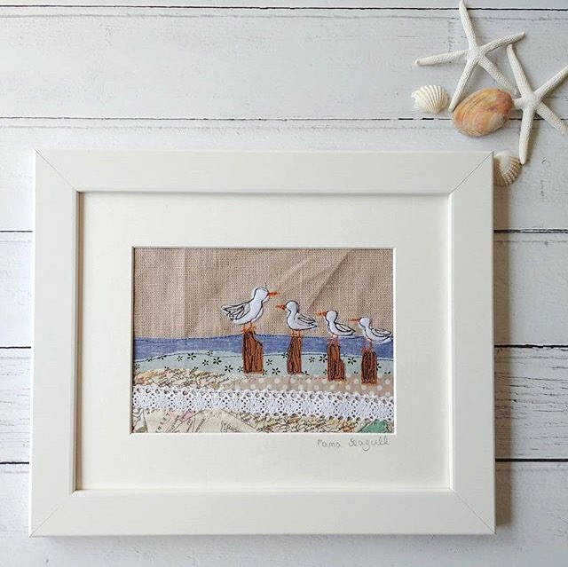 Mama seagull freehand embroidered textile artwork