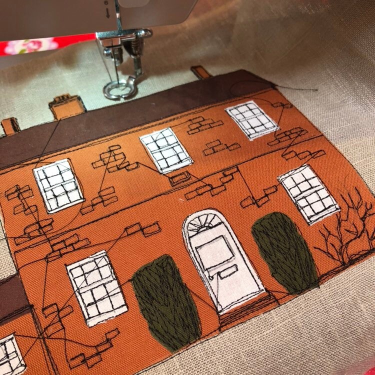 Freehand embroidered wedding venue fabric sketch