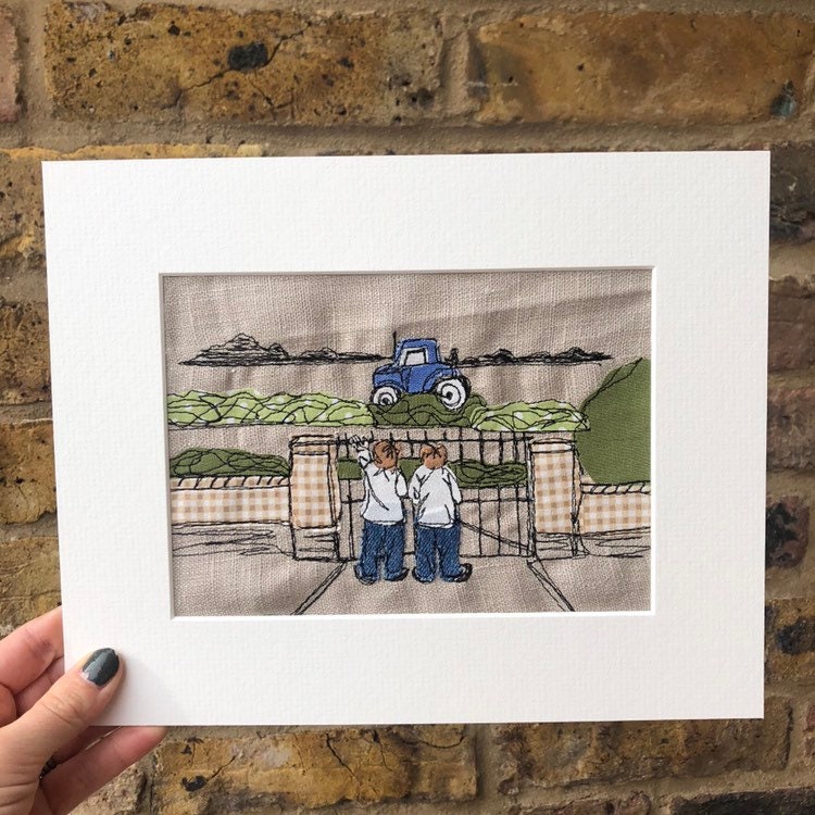 Stitched freehand embroidered fabric photo mounted