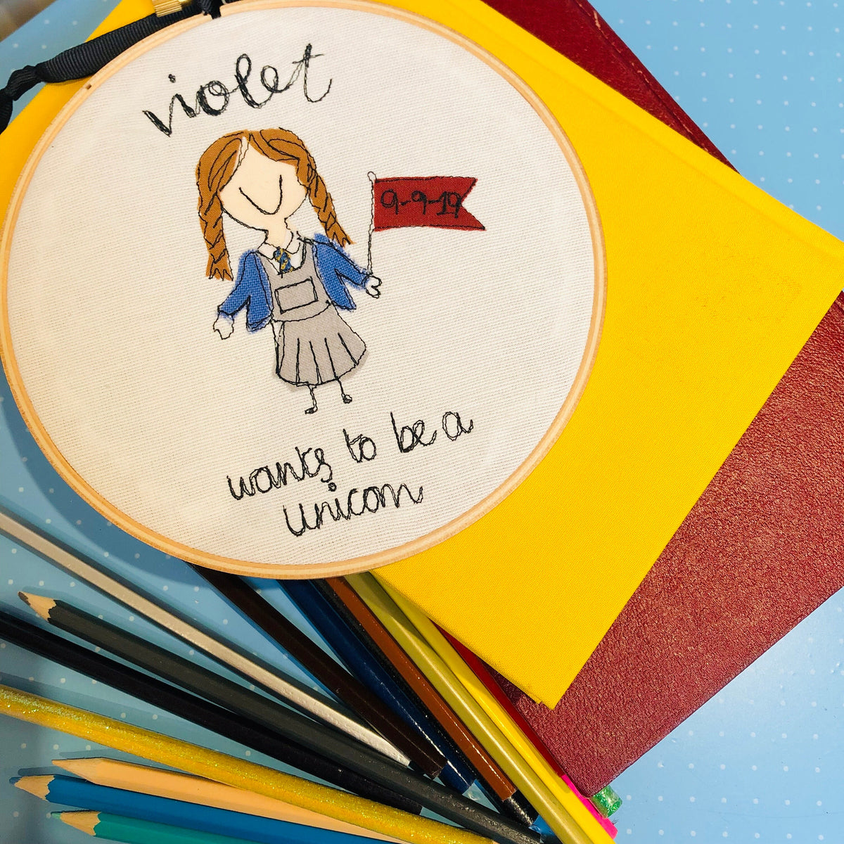 First day at school keepsake freehand embroidered hoop