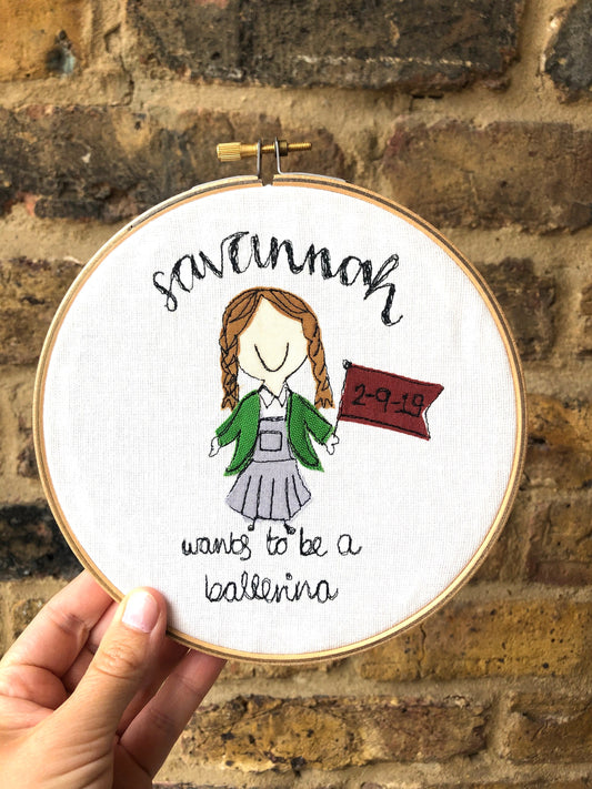 First day at school keepsake freehand embroidered hoop