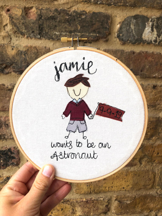 First day at school keepsake freehand embroidered hoop