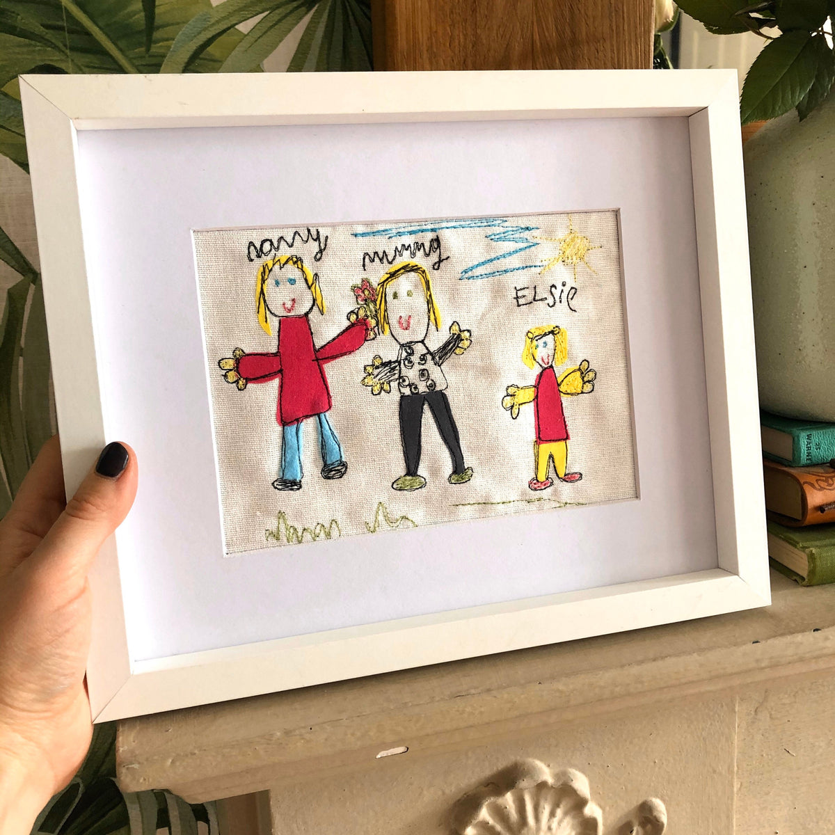 Embroidered child’s drawing keepsake picture