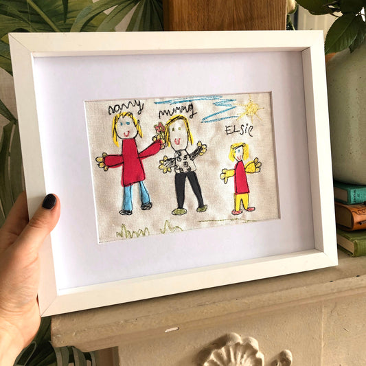 Embroidered child’s drawing keepsake picture