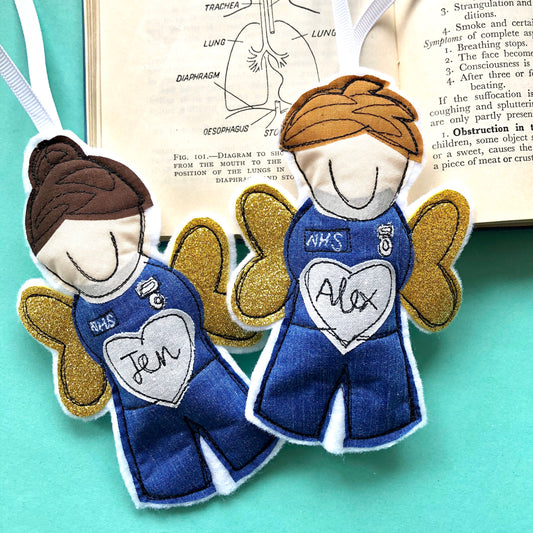 NHS Angel freehand embroidered male nurse hanging decoration keepsake
