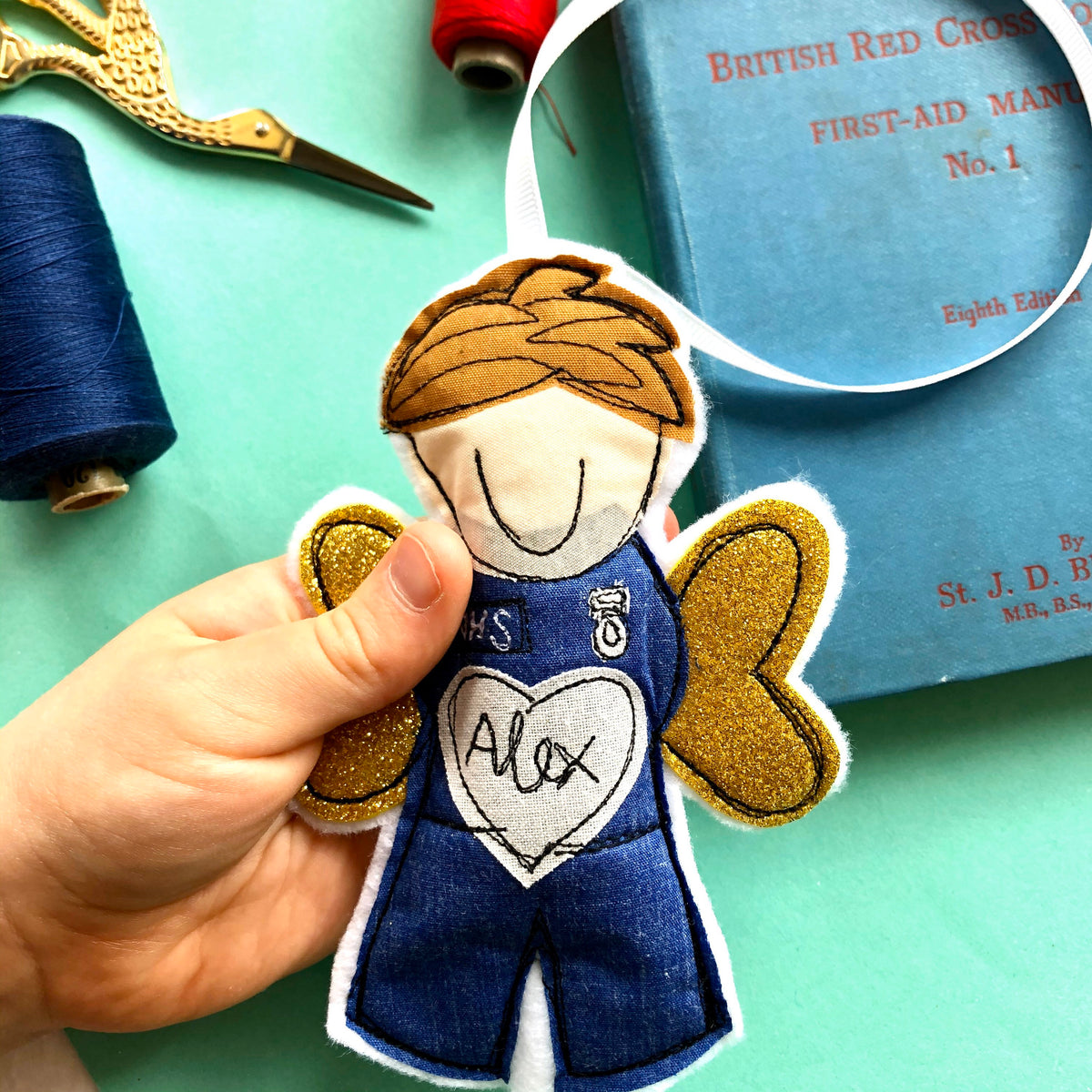 NHS Angel freehand embroidered male nurse hanging decoration keepsake