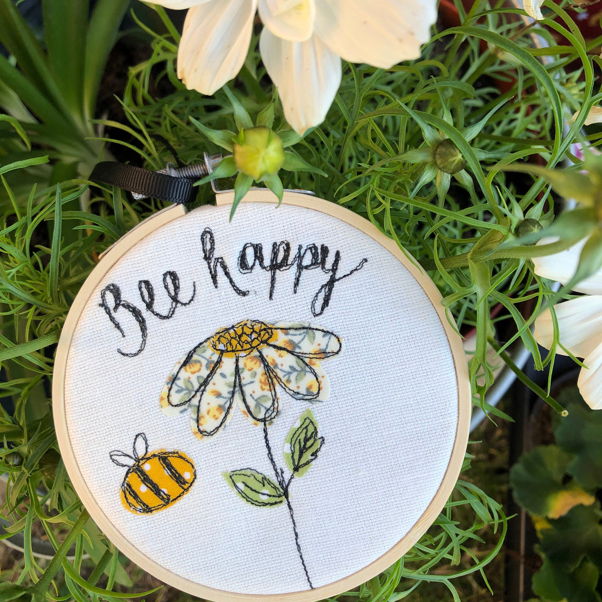 Handmade Bee Happy decorative hanging hoop