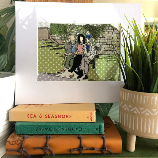 Stitched freehand embroidered fabric photo mounted