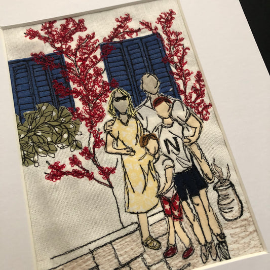Stitched freehand embroidered fabric photo mounted