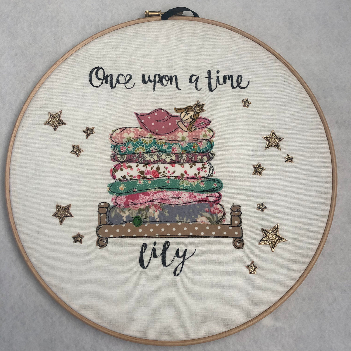Princess and the pea freehand embroidered decorative hanging hoop