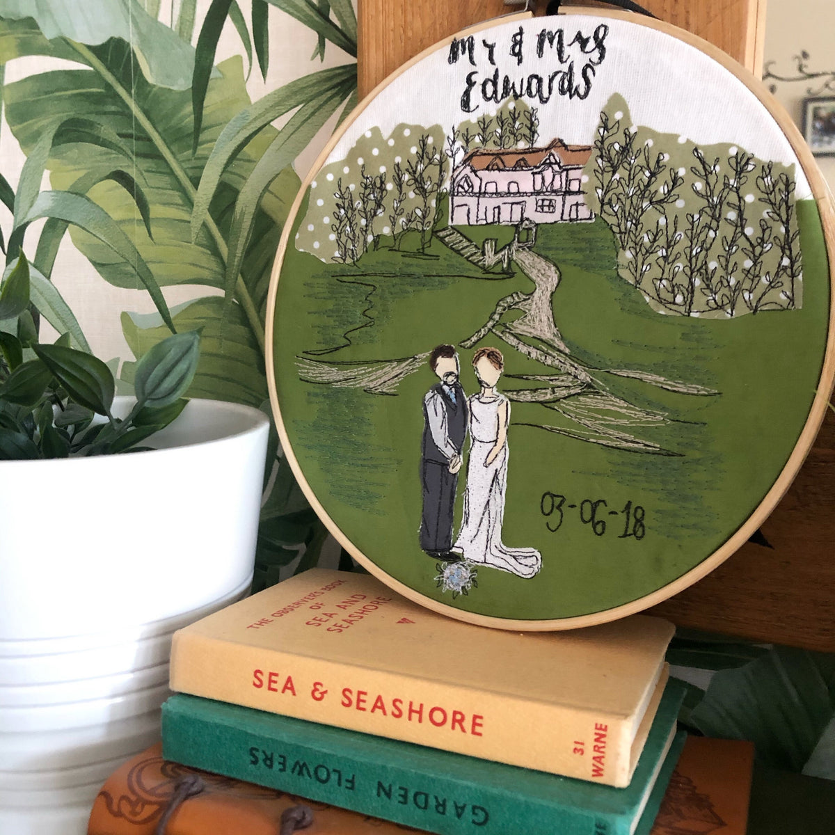 Stitched picture freehand embroidered fabric photo hooped