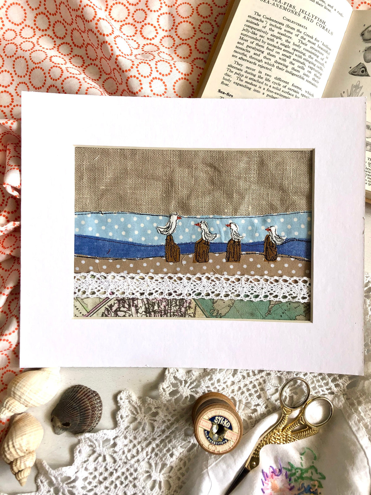 Mama seagull freehand embroidered textile artwork