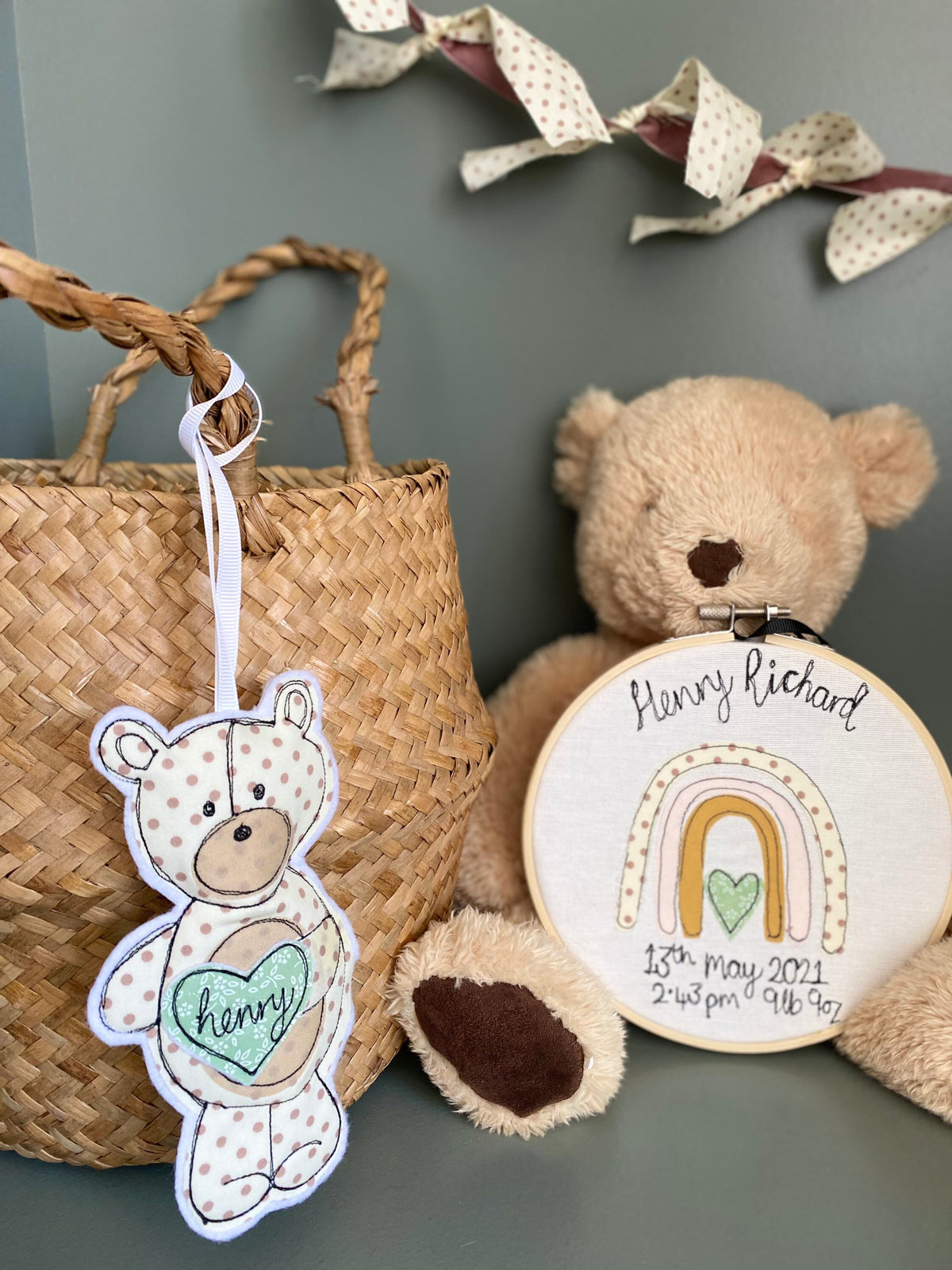 Personalised hanging teddy new baby gift