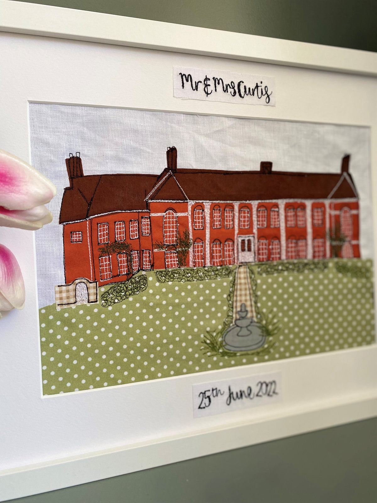 Freehand embroidered wedding venue fabric sketch