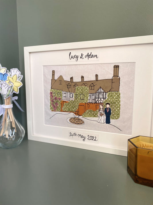 Freehand embroidered wedding venue fabric sketch