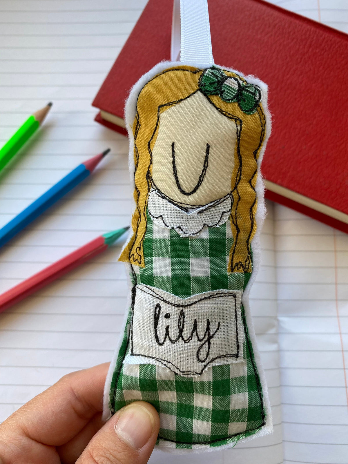Back to school keepsake freehand embroidered hanging decoration girl gingham dress