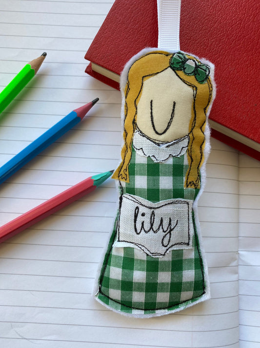 Back to school keepsake freehand embroidered hanging decoration girl gingham dress