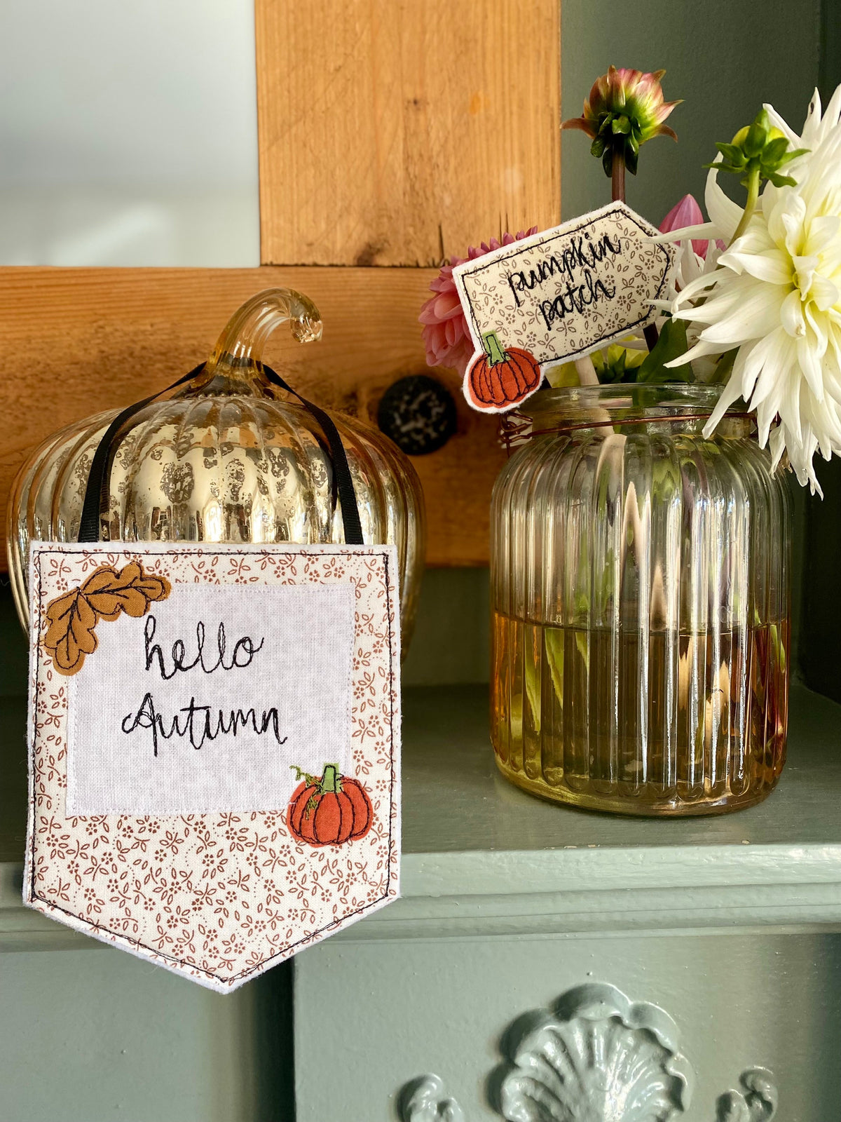Hello Autumn freehand embroidered banner