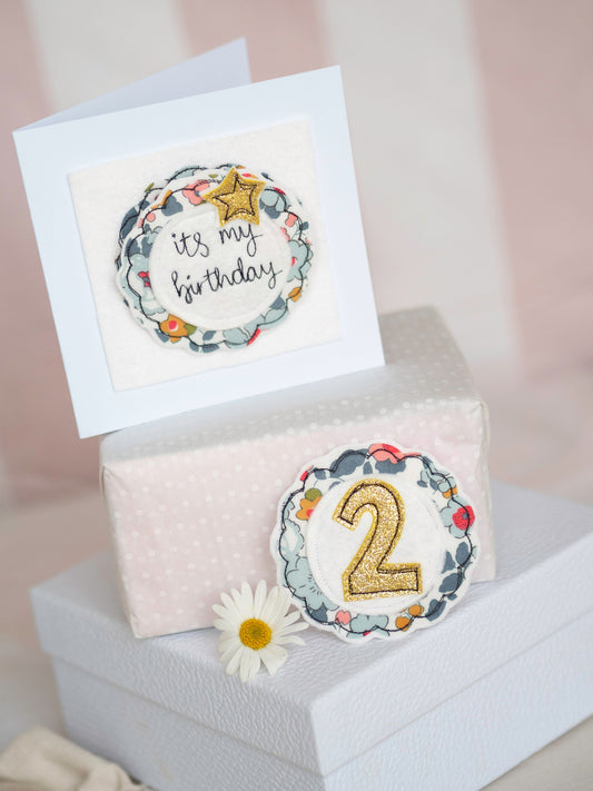 Personalised Birthday Age Badge and card. Sparkly Birthday Age Badge