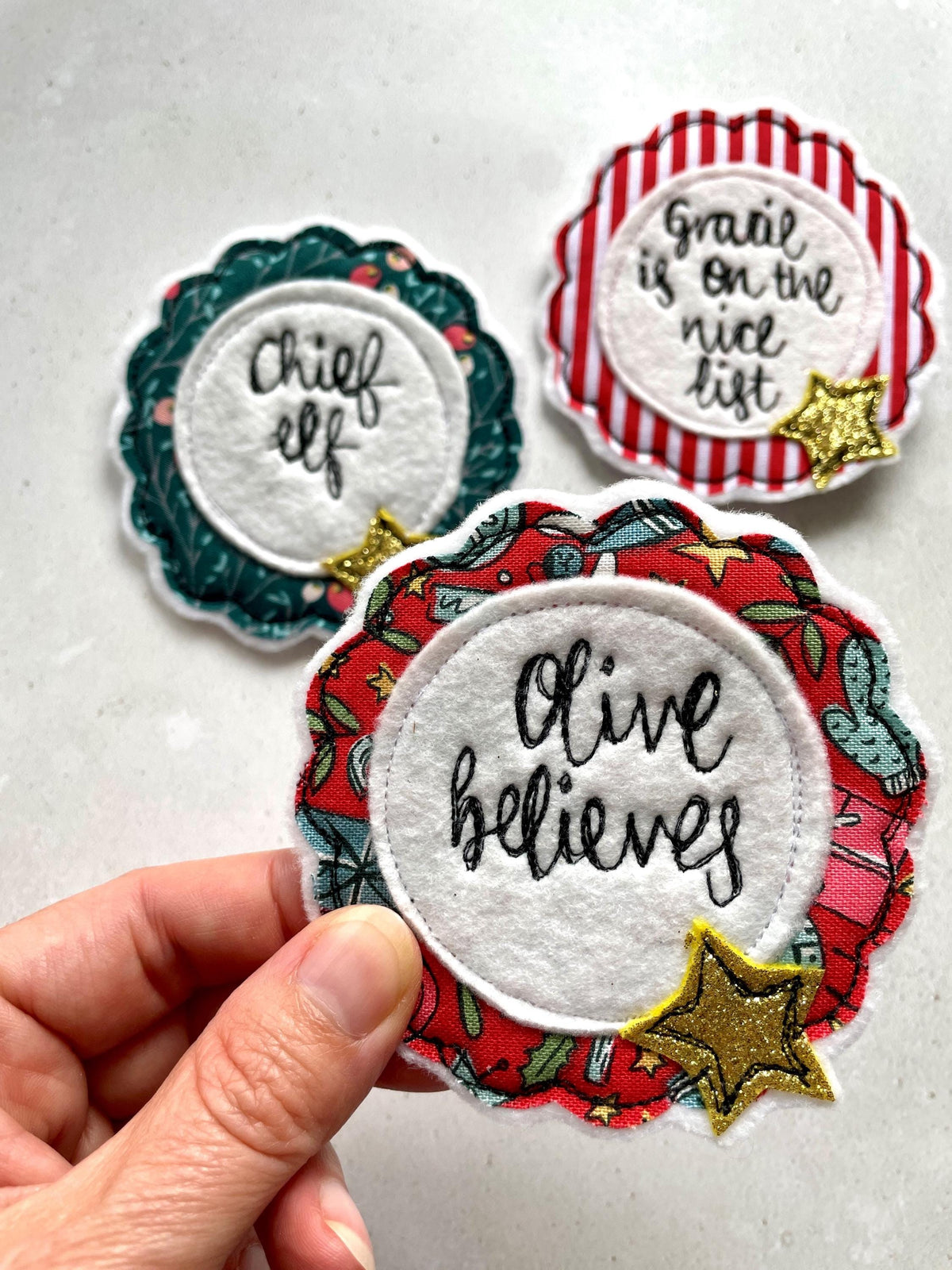 Personalised Believer Christmas freehand embroidered handmade rosette badge