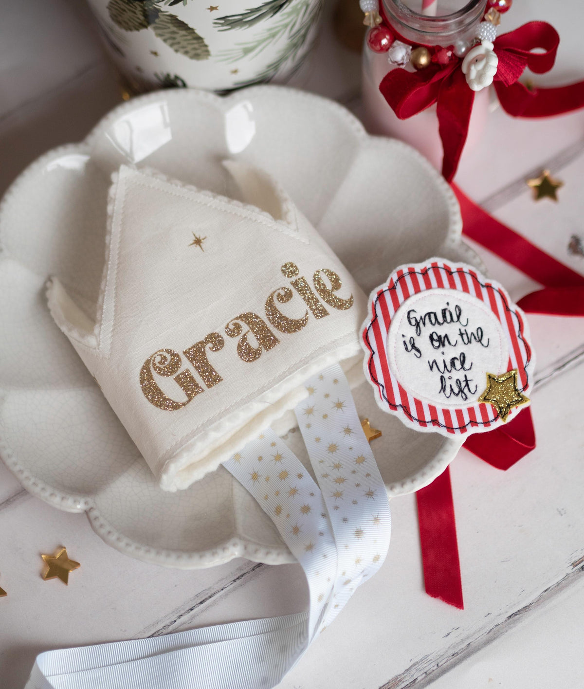 Personalised Nice List Christmas freehand embroidered handmade rosette badge