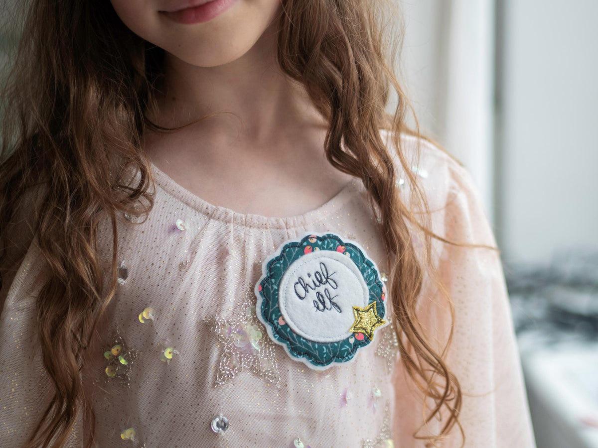 Pink Chief Elf Christmas freehand embroidered handmade rosette badge