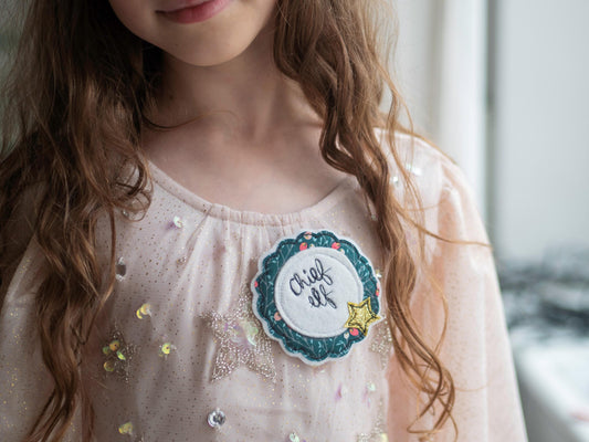 Chief Elf Christmas freehand embroidered handmade rosette badge