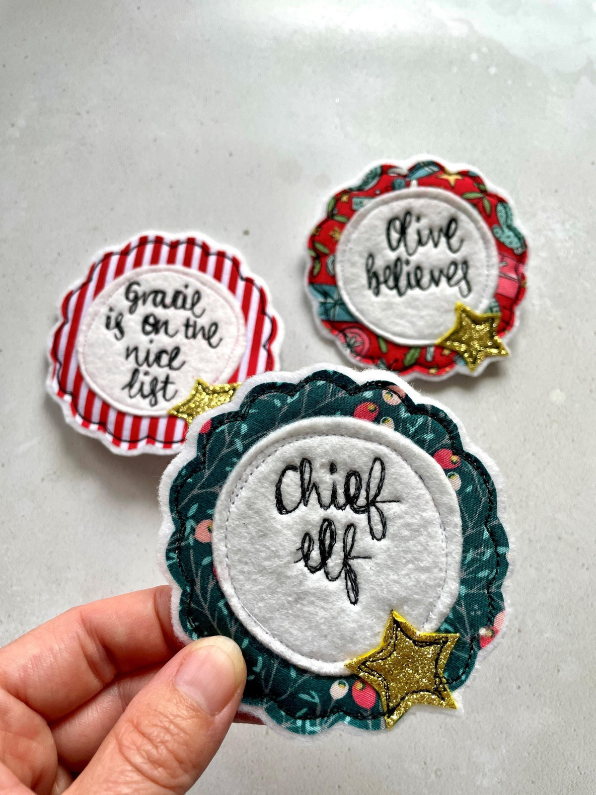 Chief Elf Christmas freehand embroidered handmade rosette badge