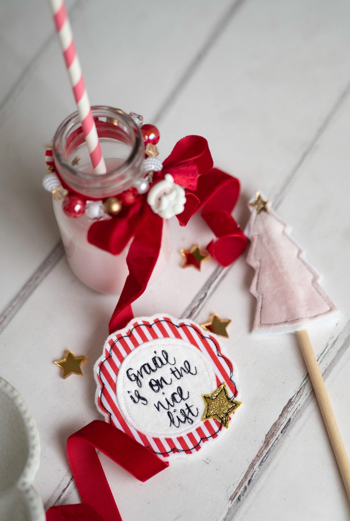 Personalised Nice List Christmas freehand embroidered handmade rosette badge