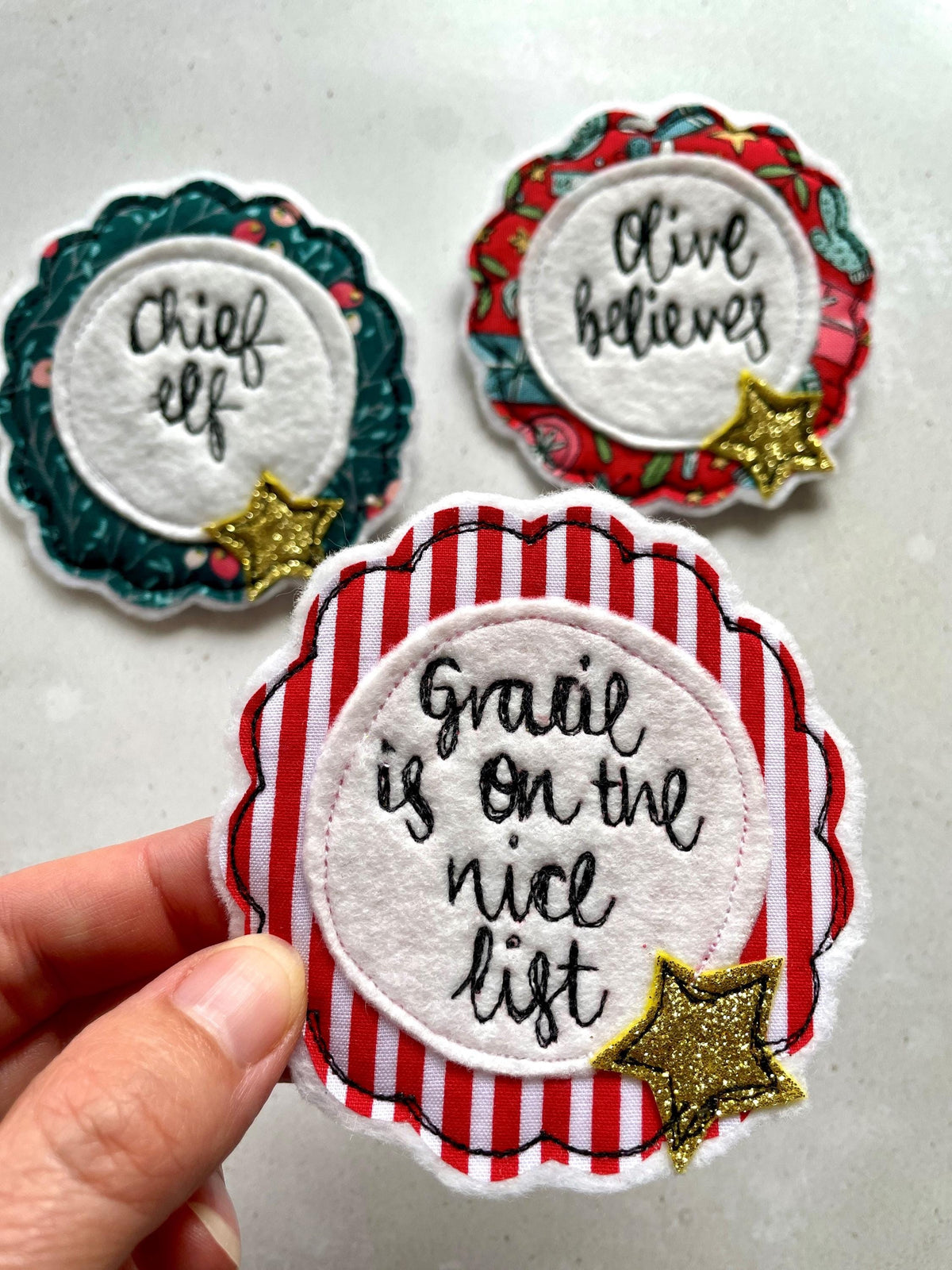 Personalised Nice List Christmas freehand embroidered handmade rosette badge