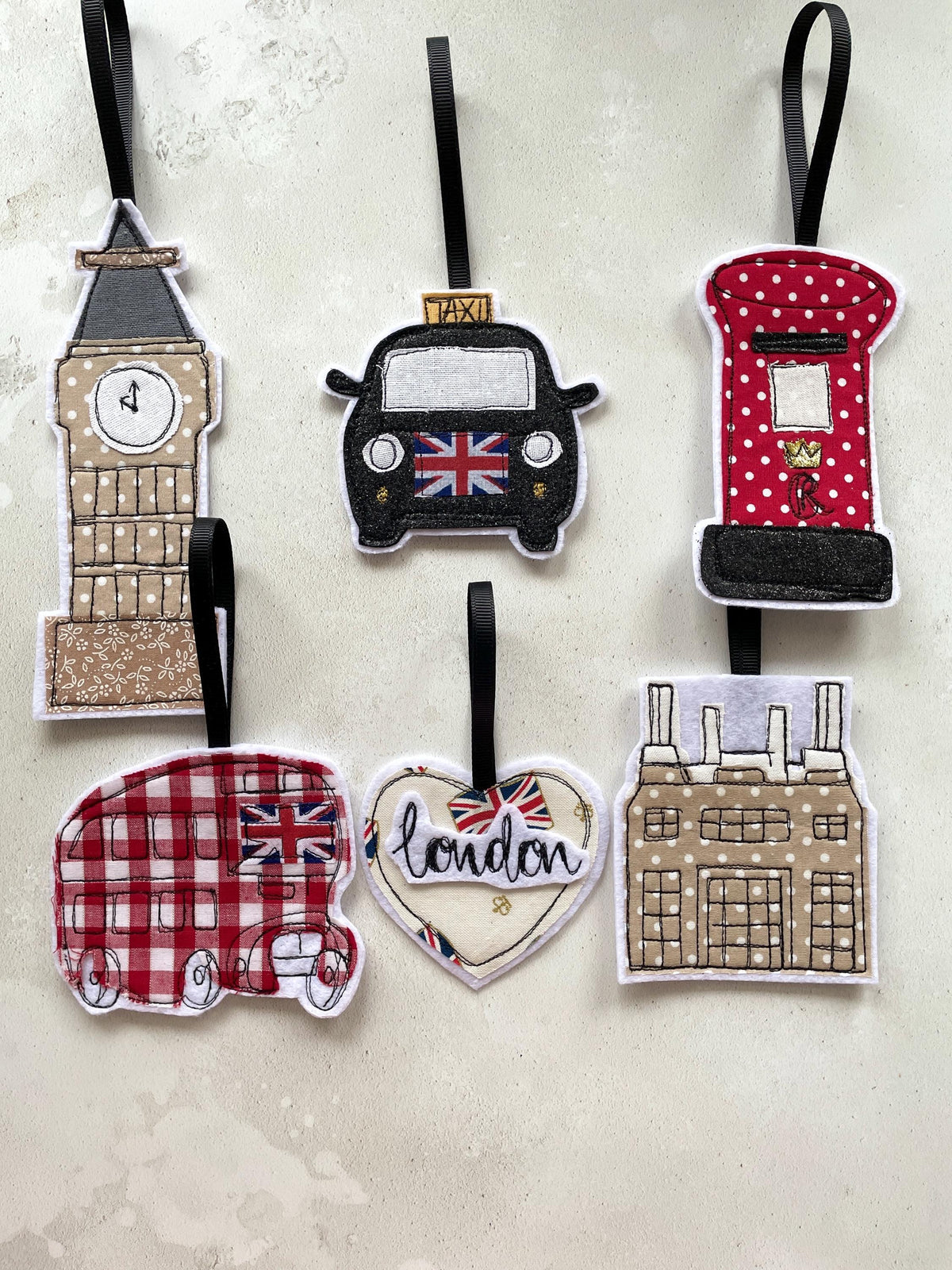 Freehand embroidered London Heart hanging decoration